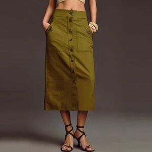 Anthropologie Maeve Cargo Button Down Midi Skirt Green Moss Size 2 Petite Boho
